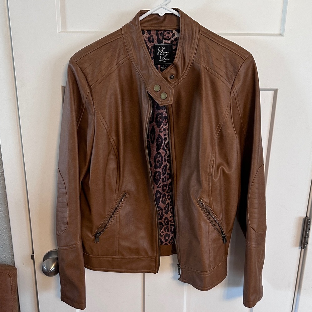 Brown Faux Leather Jacket - Size L - Moto Style